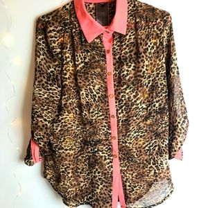 Peach Coral Animal Print Button Down Shirt